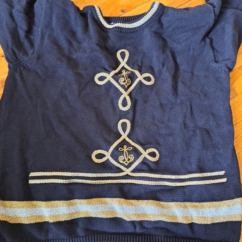 Vintage Black Embroidered Knit Sweater Gold Trim - Picture 8 of 9